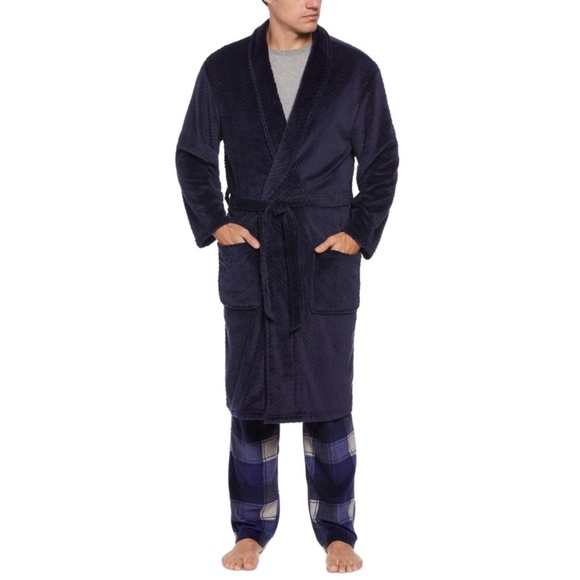 Perry Ellis Portfolio Plush Fleece Belted Robe Peacoat Blue One Size NWT - Picture 1 of 2